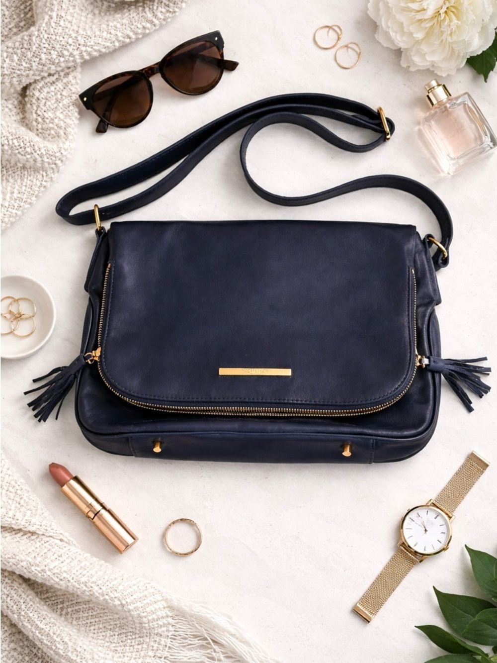Jack French Navy Leather Shoulder Bag | Tassel Detail | Purple Lining